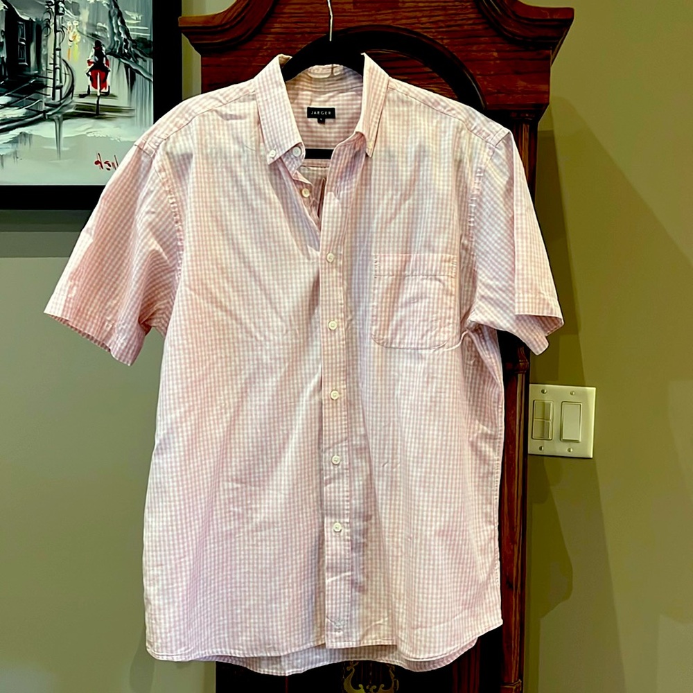 Men’s pink and white checkered casual button down shirt.